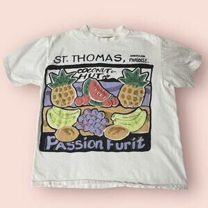 Vintage Oneita T Shirt Size Large White Graphic 90s St Thomas USVI Travel Fruit
